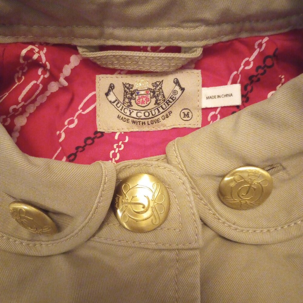 Juicy Couture made with love g&p tan coat M 3/4 sleeves gold buttons!